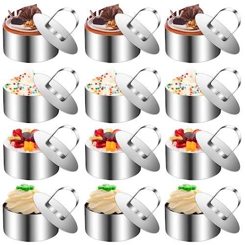 Mkitnvy 12 Stück Dessertringe, 8cm Runde Speiseringe Kuchenring Tortenring Set mit Heber, Edelstahl Kuchenring, Dessertringe Backring für DIY Desserts Kuchen