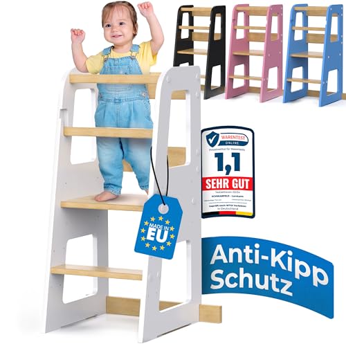 Schwanfeld® Lernturm ab 1 Jahr [ANTI KIPP SCHUTZ] - inkl. Montagezubehör - Montessori Lernturm aus zertifiziertem Massivholz (bis zu 50kg belastbar) - Learning Tower 3 Level (höhenverstellbar)