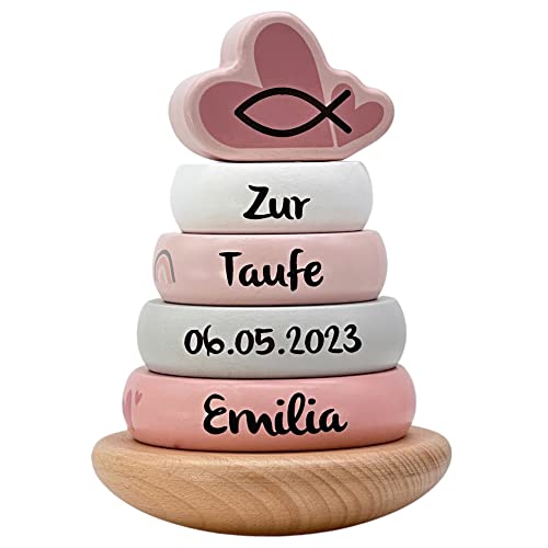 Taufgeschenke für Mädchen I Holz Stapelturm personalisiert für Mädchen in rosa I Taufgeschenk Mädchen I Personalisierte Geschenke Baby I Außergewöhnliche Taufgeschenke