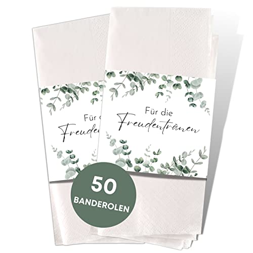 50x Freudentränen Hochzeit Taschentücher Banderolen - Eukalyptus DIY Banderolen als Deko für Gäste-Taschentücher (Taschentücher nicht enthalten)
