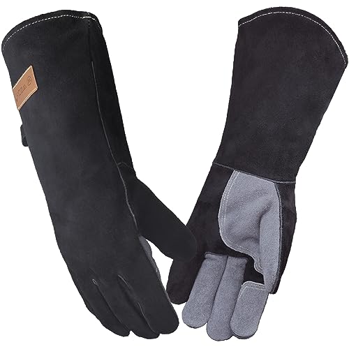 WZQH 40 cm, Leder Grillhandschuhe, Feuerfester Hitzebeständige Mitts für Schweißen, Feuerwehr, Kamin, Ofen, Backen, Herd, Topfhalter, Tierbehandlung. Grau-schwarzer Großer Feuerfest Handschuh