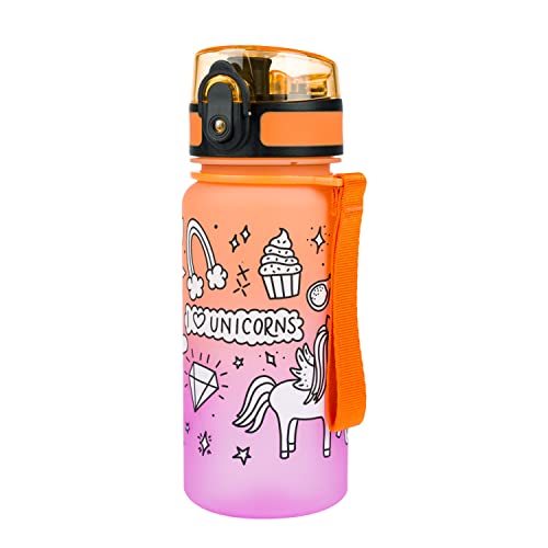 Baagl Kinder Trinkflasche Auslaufsicher Wasserflasche 350ml, Kindergarten Schule und Sport Flasche für Mädchen Tritan (Unicorn)