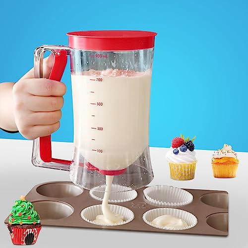 SIYINGSAERY Teigspender Teigportionierer 900ml Kuchen Teigspender Messbecher Dosierer Waffeln Teigspender Teigportionierer Cupcake Sonder Batter Backen DIY Werkzeug mit Deckel und Skala (Rot)