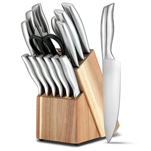 Messersets für die Küche mit Block, 15-teiliges Küchenmesserset, ultrascharfes Kochmesserset für die Küche, spülmaschinenfest, Messerblock-Set aus Edelstahl mit hohem Kohlenstoffgehalt und Spitzer
