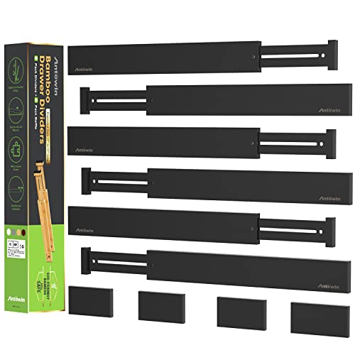 ANTOWIN 10 Pcs Schubladentrenner Verstellbar Bambus, Schubladen organizer, gefedert, Küche, Kommode, Badezimmer, Schlafzimmer, Babyschublade, Schreibtisch Ordnungssystem(Schwarz)