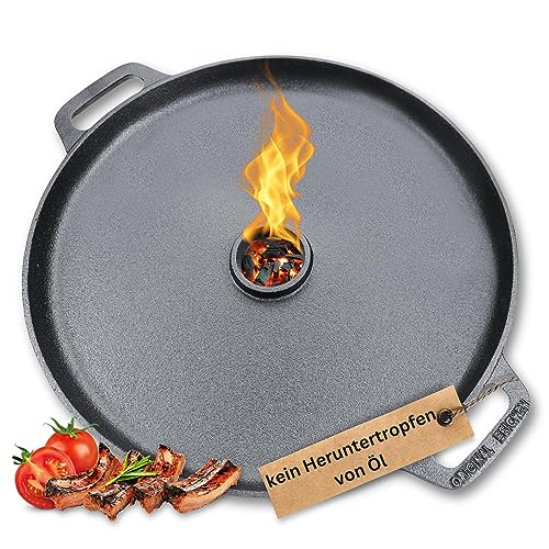 Drei Eichen Feuerplatte aus Gusseisen. Grillplatte Plancha ideal für Raketenofen u.v.m. Ø35cm. Tropfschutz. Outdoor BBQ-Platte mit Tragegriff. Gasgrill Zubehör. Gusseisenpfanne. Stärke 5mm. Loch Ø4cm