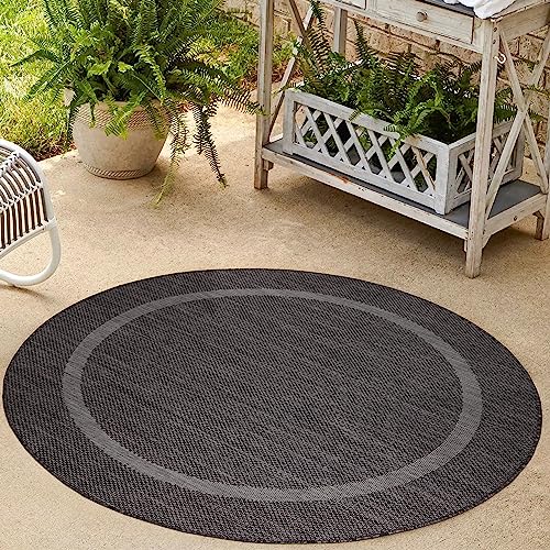 HomebyHome Küchenteppich Waschbar rutschfest Runder Teppich Schwarz 120 cm Rund - In & Outdoor Teppich Wetterfest Sisal Optik Balkon Teppich Wasserfest - Outdoor Teppich Küche Camping Garten Terasse