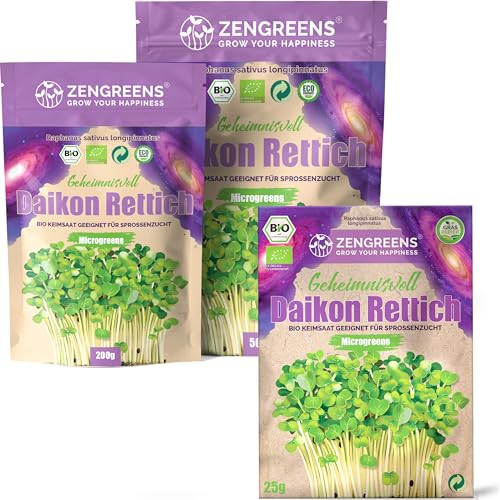 ZenGreens® - Bio Rettich Samen - Wähle zwischen 10g, 200g und 500g - Daikon Rettich mit Keimrate von über 97% - Winterrettich - Rettich Saatgut zum Sprossen ziehen - wiederverschließbare Verpackung