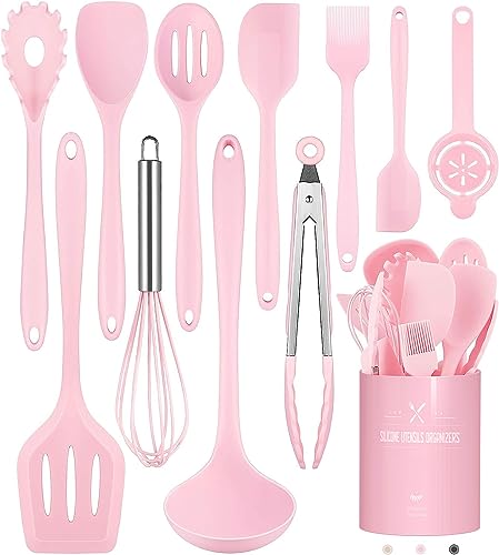 Küchenhelfer Set, 12-teiliges Silikon Kochutensilien Kochbesteck Set, Hitzebeständiger Kochgeschirr mit Utensilienhalter, Antihaft Kochset Küchenutensilien, Spülmaschinenfest - Rosa