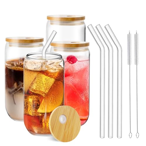 Fidapix Trinkgläser mit Deckel und Strohhalm, 4 Stück 500ml Cocktailgläser Eiskaffee Gläser,Cocktail Gläser,Longdrinkgläser Bier Glas,Glasbecher ideal für Smoothie,Latte,Macchiato,Whiskey,Geschenk