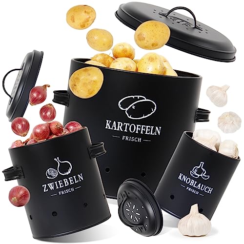 GREELUE Premium Kartoffel Aufbewahrungsbox [3er Set], Kartoffeln, Zwiebeln und Knoblauch Aufbewahrung, Hält Gemüse Länger Frisch (SET01)