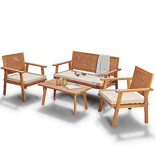 Terra Home - Gartenlounge Set Lerum - Beige, Akazien Holz, für 4 Personen, wetterfest, Massivholz - Gartenmöbel-Set, Lounge Set inkl. 1x Tisch, 1x Sofa, 2X Sessel für Terrasse, Outdoor, Garten