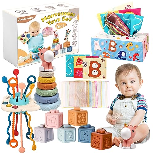 Auezona 4 in 1 Montessori Baby Spielzeug 6 Monate-3 Jahre, Stapelturm, UFO Silikon Zugschnur Sensorik Spielzeug, Taschentuchbox, ab 6 9 12 Monate 1 2 3 Jahre