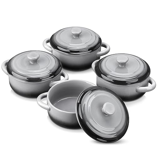 LOVECASA 380 ml Auflaufförmchen aus Steinzeug, 4 teilige Souffle Förmchen mit Deckel, Mini Cocotte, Kleine Auflaufform, Steinzeug mit Griffen zum Backen, Souffle, Innendurchmesser 11 cm
