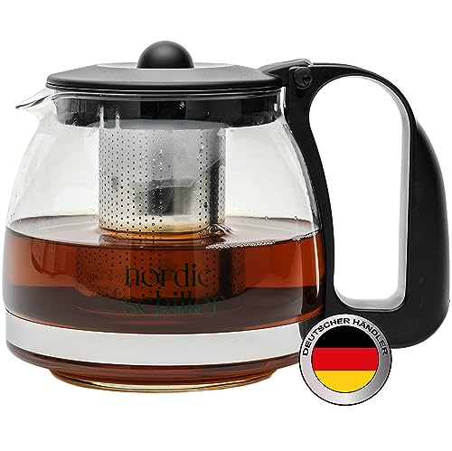 NORDIC SCHILLER Premium Teekanne Glas, Hitzebeständig Glaskanne mit Deckel 1250ml Teekanne mit Siebeinsatz Teekanne Thermo mit Edelstahl Filter Sieb, Tea Maker, Teekanne mit Sieb Tee Kanne Aus Glas