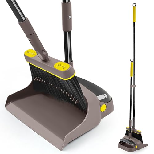 JEHONN Besen und Kehrschaufel Set mit Langem Stiel 138CM, 180 Grad Drehen Kehrbesen, Öffnende Schaufel Schwanz, Broom and Dustpan für Haus, Büro, Lobbykehr (Braun Gelb)