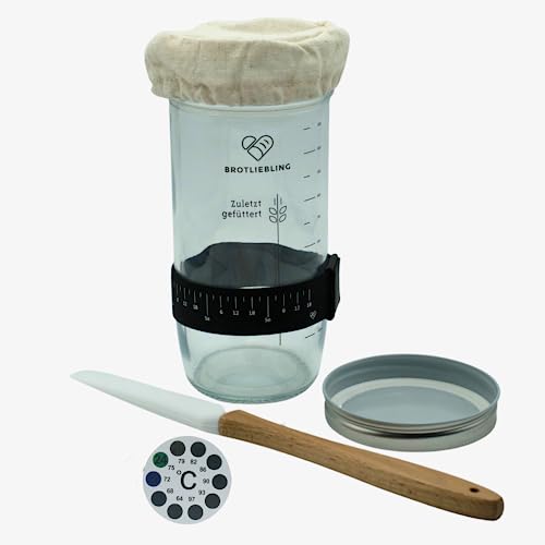 Sauerteig Starterglas Set mit Markierungsband, Fütterungsanzeige, Thermometer, Sauerteigglasspachtel, Sauerteigglas, genähte Leinenabdeckung und Metalldecken zum Brotbacken