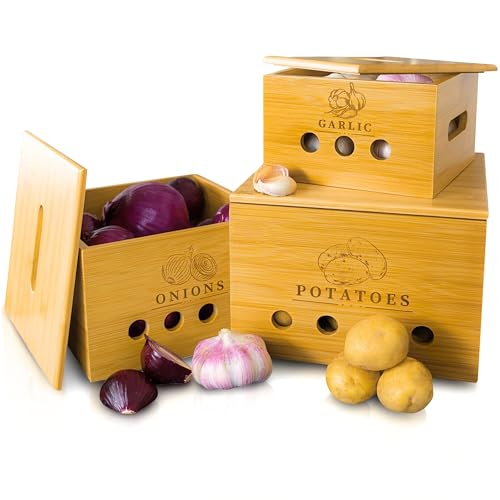 CALIDORO Premium Kartoffel Aufbewahrungsbox [3er Set] – Längerfrische Kartoffel Aufbewahrung, Knoblauch und Zwiebel Aufbewahrung – Bambus Holz Kartoffelbox, Zwiebeltopf, Knoblauchtopf