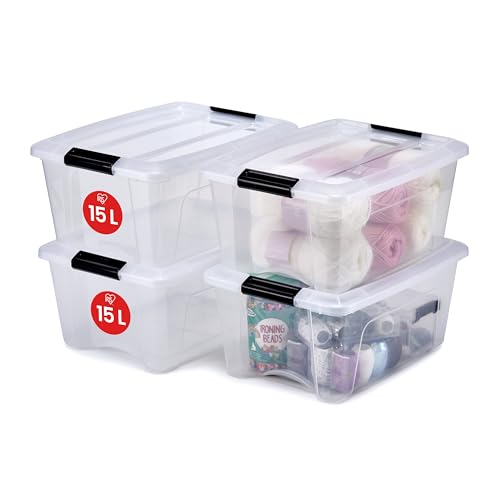 Iris Ohyama, Aufbewahrungsbox mit Deckel, 4er-Set 15L, NTB-15, Transparent, B39,5 x T29 x H18,5 cm