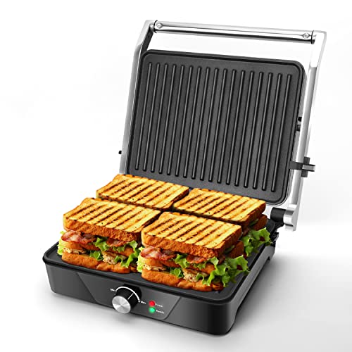 Aigostar SAM- XL kontaktgrill, Panini Grill, Sandwichmaker, 2000W Antihaftbeschichtete Grillplatten | Fettarmes Grillen, Panini,Toasts,Steak,Gemüse. Edelstahl, 30 cm x 20 cm