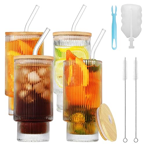 HMJIA Geriffelte Gläser mit Glas Strohhalm 500ml/17.6oz Gläser Set für Cocktails Whisky Bier Eiskaffee Soda Säfte (Pack of 4-500ml+Holzdeckel)