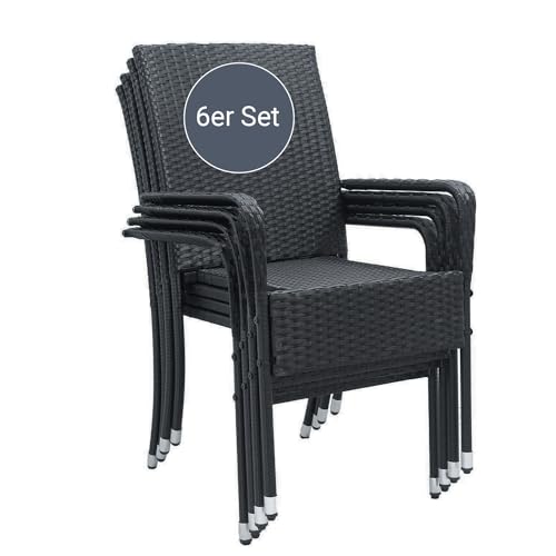 Juskys Polyrattan Gartenstühle Yoro 6er Set mit Armlehnen & Rückenlehne - 6 Stühle stapelbar - Rattan Stuhl Garten - Stapelstuhl Schwarz