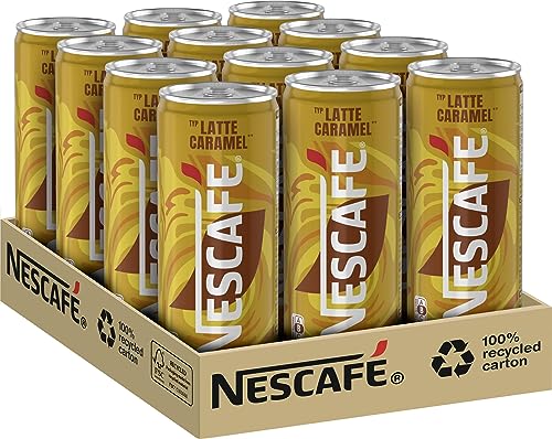 NESCAFÉ Ready-to-drink Typ Latte Caramel, trinkfertiger Eiskaffee mit feiner Karamellnote in der Dose für unterwegs, koffeinhaltig, 12er Pack (12 x 250ml)