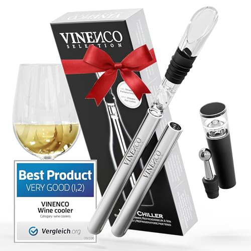 VINENCO Weinkühler Set, Flaschenkühler + Dekanter 3-in-1 Premium Wein Zubehör: Edelstahl Flaschen-Weinkühlstab + Dekantier-Belüfter + Ausgießer | Bar Geschenk Frauen Männer, Rot- Weißwein Geschenkset