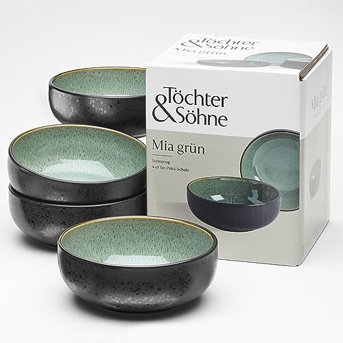 Töchter & Söhne | "Mia" Poké Schale, für 4 Personen, 4-teiliges Steinzeug Ramen Schüssel Set, Bowls Set im cleanen Stil für den perfekt gedeckten Tisch (Grün)