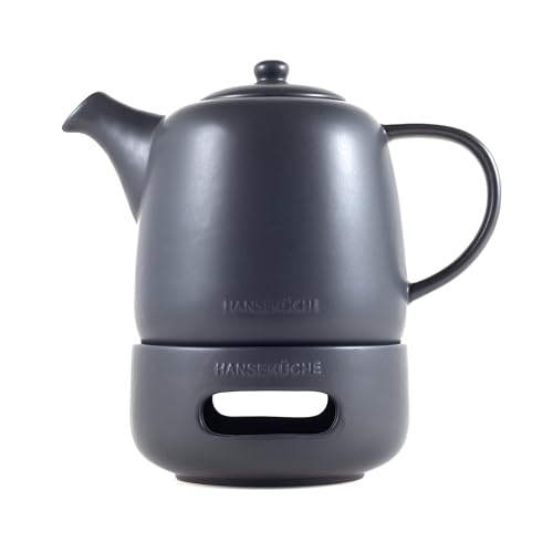 Hanseküche Teekanne – Hochwertige Teekanne mit Siebeinsatz aus 304 Edelstahl – Design Teekanne für Tee und Teebeutel (Keramik, 1,3 L mit Stövchen)