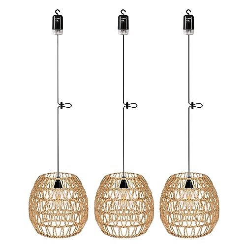 EcoGehen 3x Rattan Hängelampe mit Batterie Außen Innen Hängeleuchte Batteriebetriebene Lampe Tragbare Boho Korb Lampenschirm Pendelleuchte ohne Strom Stromanschluss Outdoor Beleuchtung für Garten