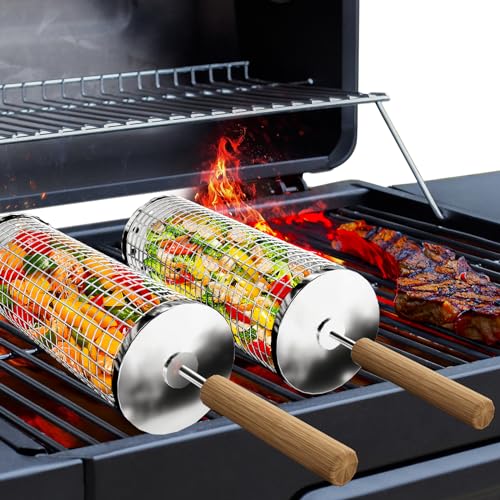 Ivtivfu Nestendes Rollendes Grillkorb Set mit Holzgriff (2 Stück, 28.5cm × 10cm), Rolling Grilling Basket, Grillnetzrohr für Den Außengrill für Gemüse, Grillkorb Edelstahl Zylindrisch, Grillnetz