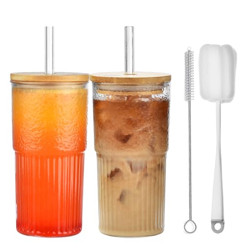 VITEVER 2 Stück Bubble Tea Becher 600ml Transparente Gestreifte Glas mit Deckel, Eiskaffee Gläser, Geriffelte Gläser, Longdrinkglas Set, Glasbecher Trinkglas, Smoothie-Becher