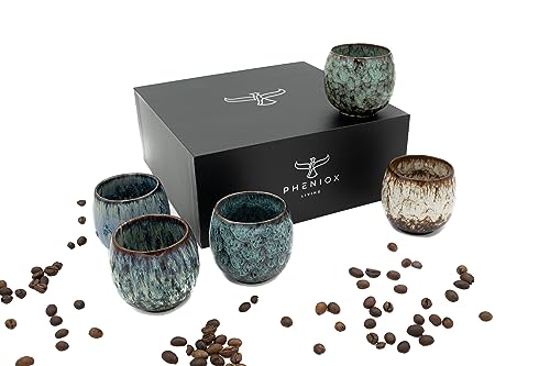 Pheniox | Espressotassen Set Tibet | 5-teilig | 100 ml | hochwertige Tassen aus Steingut | ohne Henkel | spülmaschinenfest | Espresso | Mokka | Gewürzbecher | Geschenk in modernem Design aus Keramik