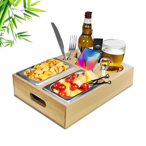 Couchbar aus Bambus Holz, Sofa Organizer auf dem Beistelltische Couchtisch, Couchbar Snackbox Ideal für Wohnzimmer Schlafzimmer Garten Camping sowie als Geschenk