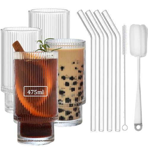 VITEVER 4-Pack gerippte Gläser Trinkglas Tassen mit Strohhalmen, Vintage geriffelte Gläser, Eiskaffee Gläser, Glas Tumbler für Cocktail, Whiskey, Saft, Bier(16oz/475ml)