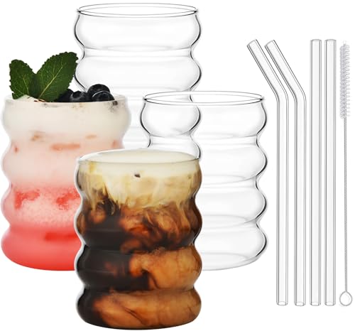 VITEVER Eiskaffeegläser mit Glasstrohhalmen 4er-Set, 350ml Bubble Gläser, Gerippte Trinkgläser für Cocktail, Milch, Wasser, Soda, Geschenk mit Pinsel