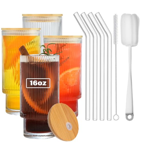 VITEVER 4-Pack Eiskaffee Gläser Trinkglas Tassen mit Strohhalmen und Bambusdeckel, Vintage geriffelte Gläser, gerippte Gläser, Glas Tumbler für Cocktail, Whiskey, Saft, Bier(16oz/475ml)