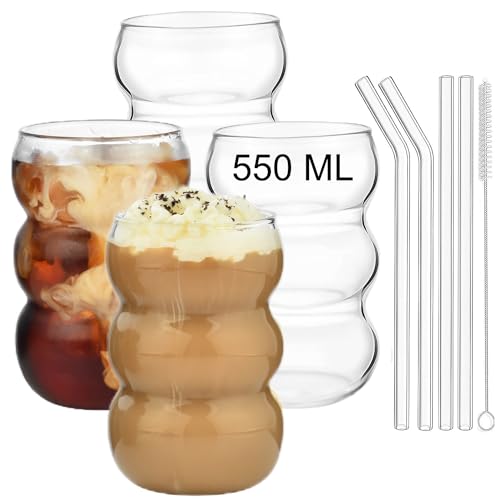 ALINK Bubble Gläs 4er Set Trinkglas,550ml gerippte trinkgläser,wave glas,Latte Macchiato Gläser,Eiskaffee Gläser,Longdrinkgläser Cocktailgläser