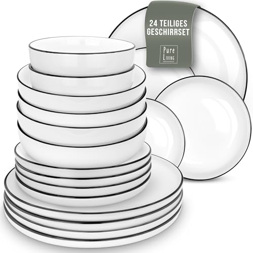 Geschirrset 6 Personen Scandi Style - Premium Porzellan weiß 24 Teile - Geschirr Set für Spülmaschine und Mikrowelle - Tafelservice, Schüssel- und Teller Set - Stilvolles Essgeschirr, Geschirr