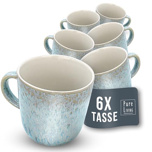 Kaffeetassen 6er Set Ibiza - Premium Steingut Tassen, Spülmaschinen- und Mikrowellenfest, Kratzfest - Stylishes Tee- und Kaffeebecher Set - Pure Living Geschirr in Hellem Beige-Blau