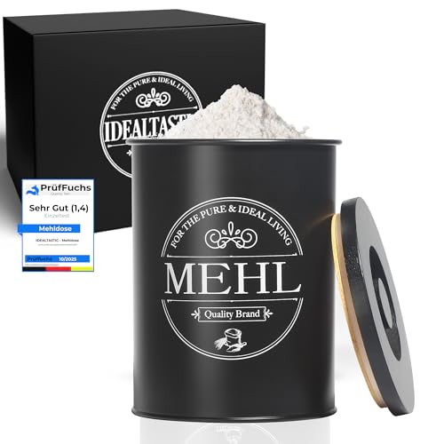 IDEALTASTIC® Premium Mehl Aufbewahrung schwarz, Luftdichte Mehldose 500g für die Küche I Robuster Mehlbehälter mit zeitsparendem Deckel, Mehlbox mit Deckel, Lebensmittelgeprüfte Vorratsdose Mehl