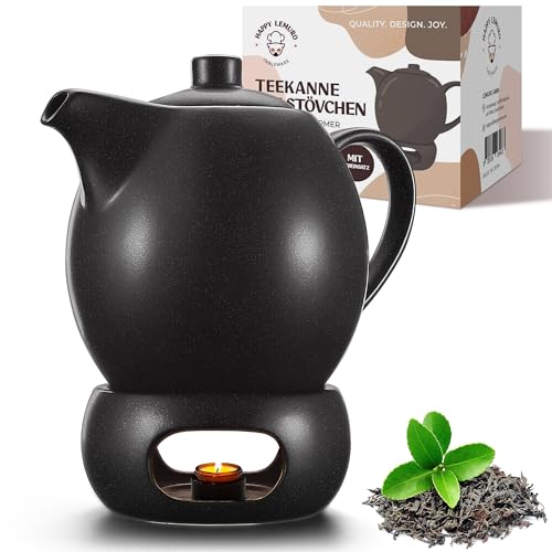 Happy Lemuro Teekanne mit Stövchen Set - 1,2 l - mit Siebeinsatz - Tea Pot - Teapot - Zubehör - Keramik - Schwarz mit Kerzenwärmer - Tee Kanne