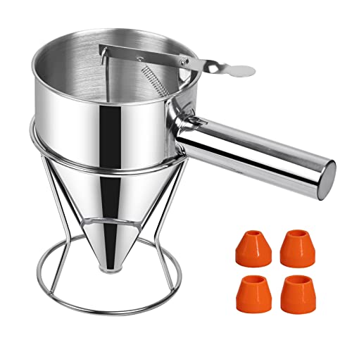 Sopito Teigspender, Pfannkuchen Teigspender Edelstahl 600ml Teigportionierer Multi-Kaliber Edelstahl Trichterkuchen-Spender mit Ständer Großartig für Pfannkuchen Desserts