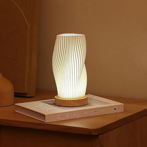 UYKKE Nachttischlampe mit Holzsockel Tischlampe mit Knopfsteuerung für Schlafzimmer, 12-stufig dimmbare Nachttischlampe mit PLA-Lampenschirm für Wohnzimmer (Klein, kein Stecker)