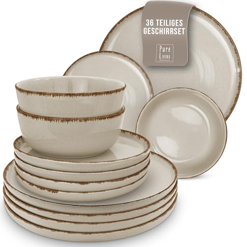 Steingut Geschirrset 12 Personen Rustic 36-tlg. - Rustikales Design Geschirr Set, Spülmaschinenfest - Schüssel- und Teller Set - Pure Living Essgeschirr in Beige