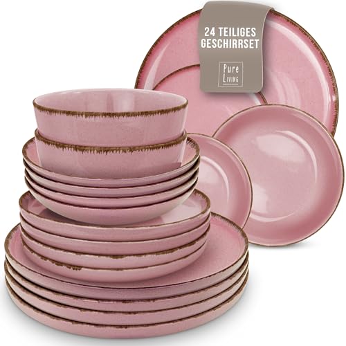 Steingut Geschirrset 6 Personen Rustic 24-tlg - Hochwertiges Mediterranes Steingut Geschirr Set - Schüssel- und Teller Set - Tafelservice 6 Personen - Geschirrsets Pure Living in Rose