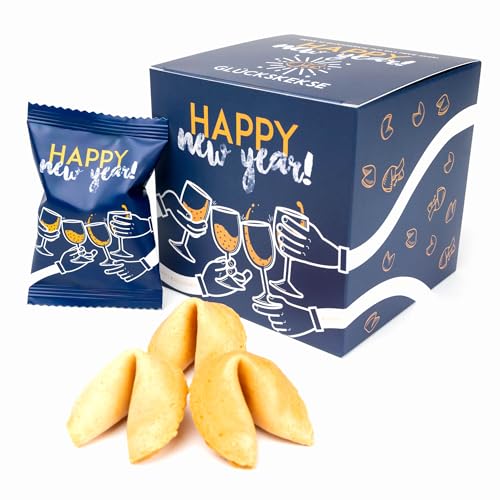 Lucky Treats | Silvester Glückskekse 2023 im 12er Pack | Salted Caramel Geschmack | Gastgeschenke Silvester | einzeln verpackt mit deutschen und englischen Sprüchen | Vegan | Made in Germany