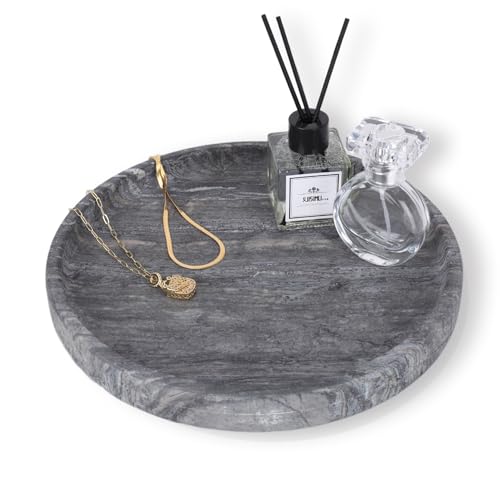 WORHE Marmor Rundes Tablett Schmuckteller für Couchtisch Wohnzimmer Schreibtisch Küche Badezimmer, Schwarzgrau(WH017)