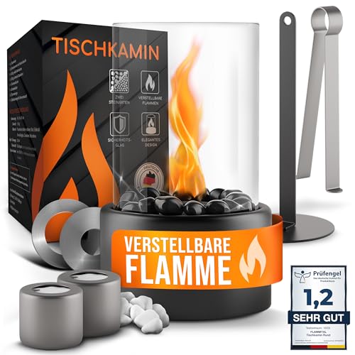 flammtal - Tischkamin [4h Brenndauer] - Tischfeuer für Indoor & Outdoor - Mit Verstellbarer Flamme - Bio Ethanol Kamin mit Zwei Steinarten [weiß & schwarz] - Bioethanol Tischkamin mit 2 Brennkammern